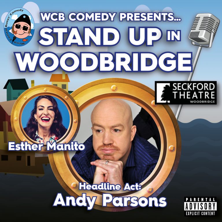 Poster for WCB Comedy Woodbridge Square Website April 2025 Square Version