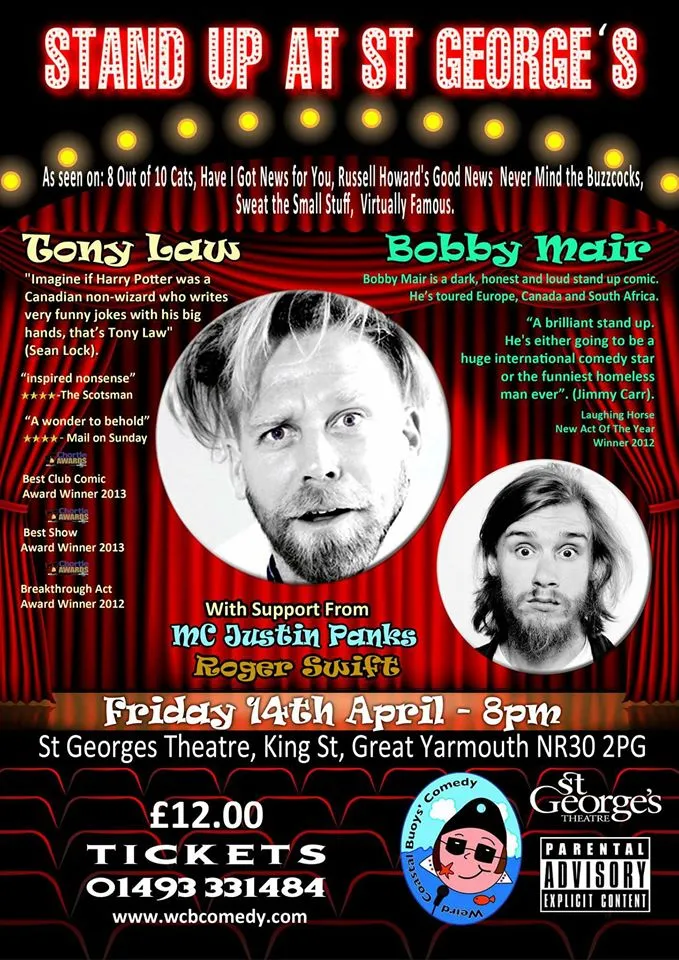 WCB Comedy event poster featuring Tony Law