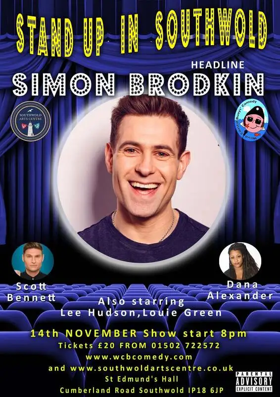 WCB Comedy event poster featuring Simon Brodkin