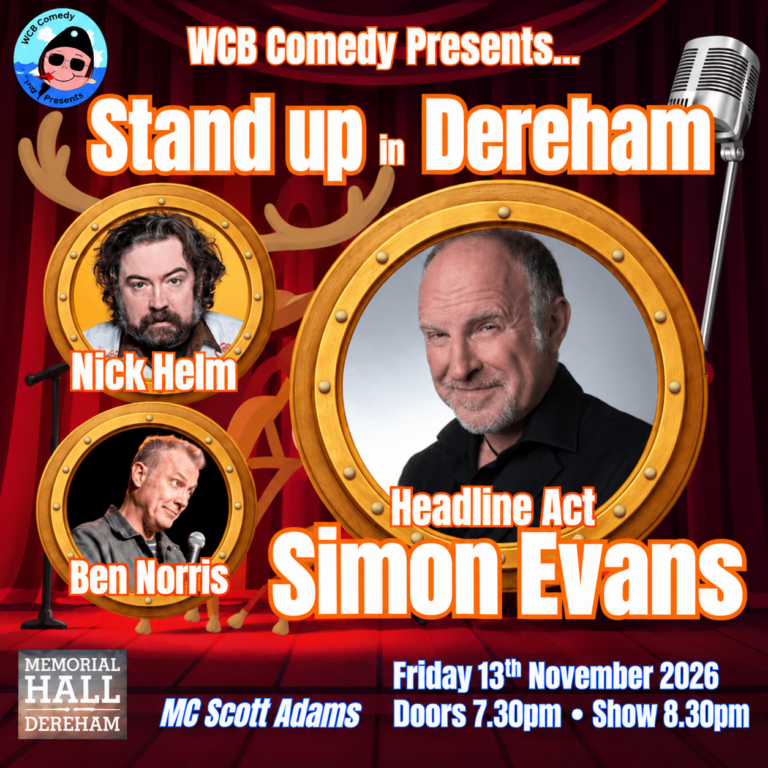 Square poster for Comedy Buoys at Dereham Memorial Hall on 13 November 2026, featuring Simon Evans, Nick Helm, Ben Norris and MC Scott Adams.