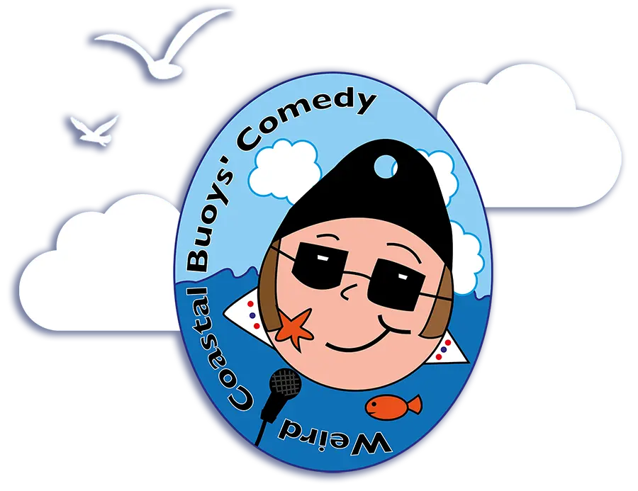 wcb comedy logo with seagulls and clouds backdrop